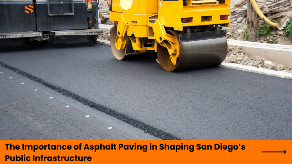 Asphalt paving machine laying fresh asphalt on San Diego road, emphasizing the importance of asphalt in public infrastructure.