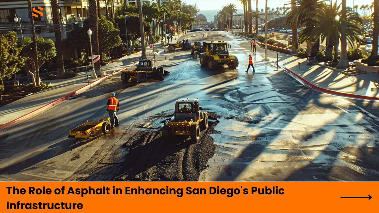 Construction workers paving asphalt on a San Diego street, showcasing the role of asphalt in enhancing public infrastructure, with machinery and palm trees in the background.