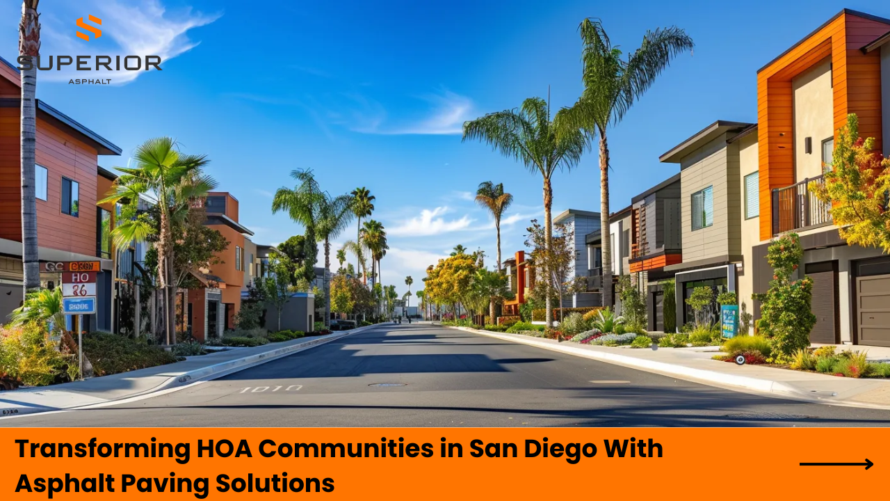 Transforming HOA communities in San Diego with asphalt paving solutions, featuring palm trees, modern homes, and clear blue skies.