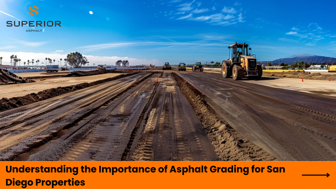 Construction site showing heavy machinery grading asphalt, emphasizing the importance of asphalt grading for San Diego properties.