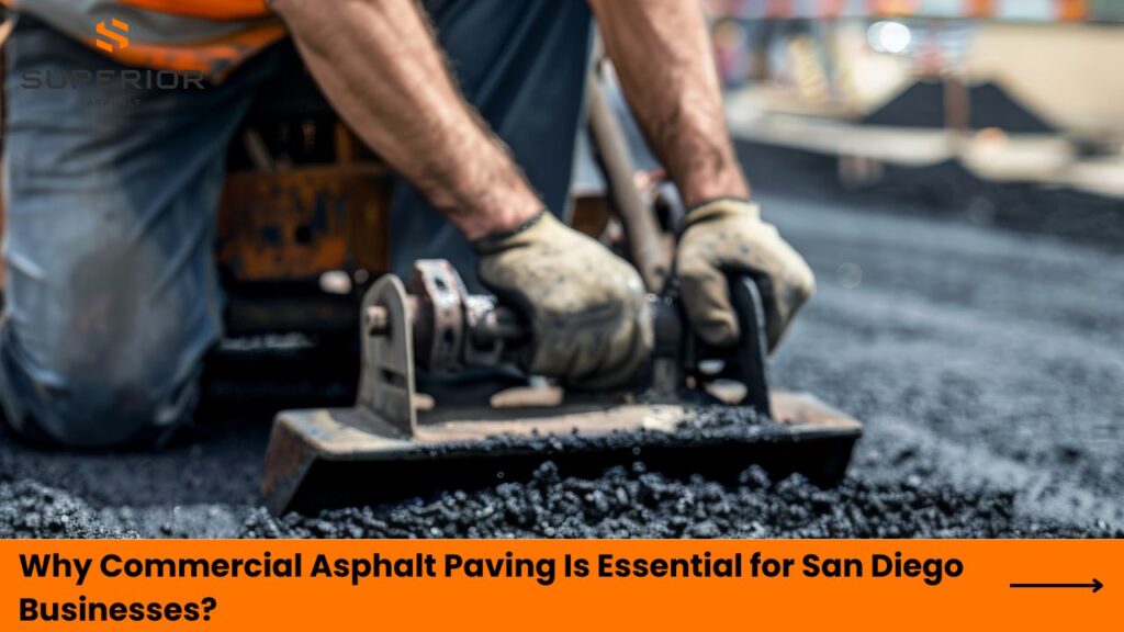 Construction worker applying asphalt with a roller, emphasizing the importance of commercial asphalt paving for San Diego businesses.