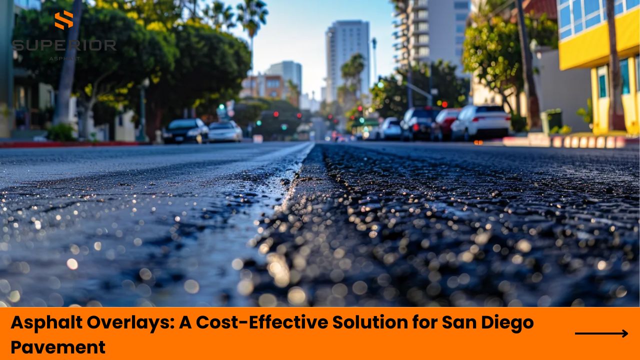 Asphalt overlay on a San Diego street, showcasing a smooth, newly paved surface with urban buildings and palm trees in the background, emphasizing cost-effective pavement solutions.