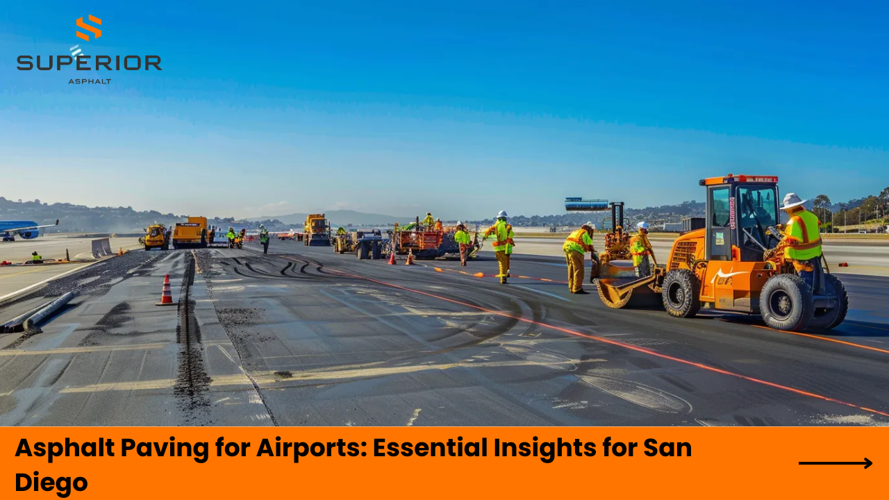 Construction workers paving asphalt on an airport runway in San Diego, with machinery and equipment visible, illustrating asphalt paving services.