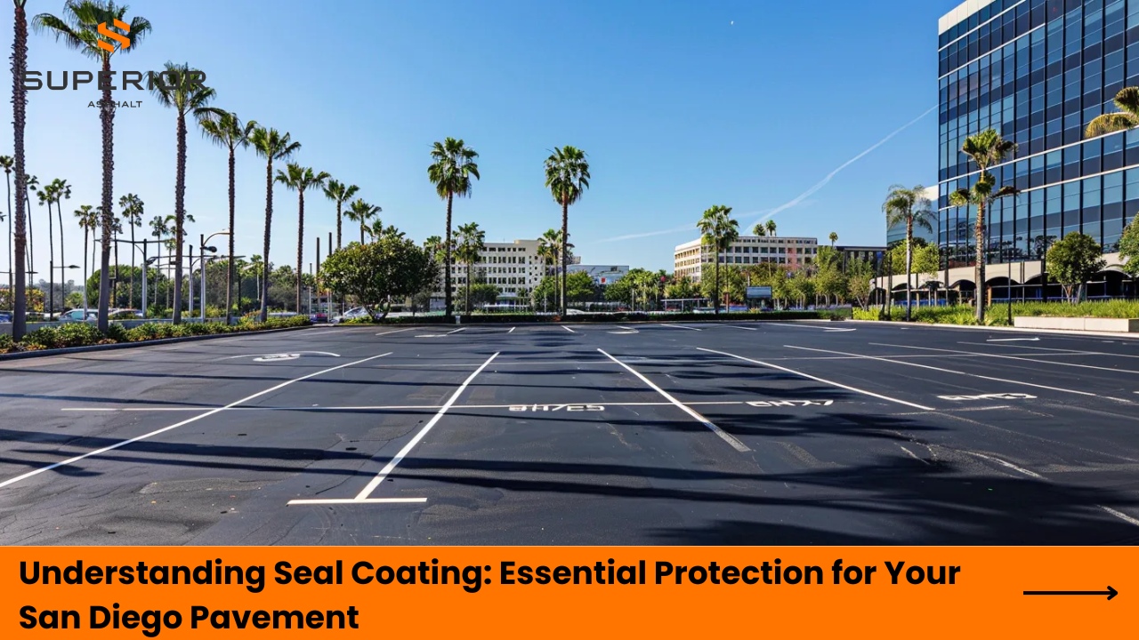 Parking lot with freshly striped asphalt, palm trees in the background, and a clear blue sky, illustrating effective seal coating and pavement maintenance for San Diego businesses.