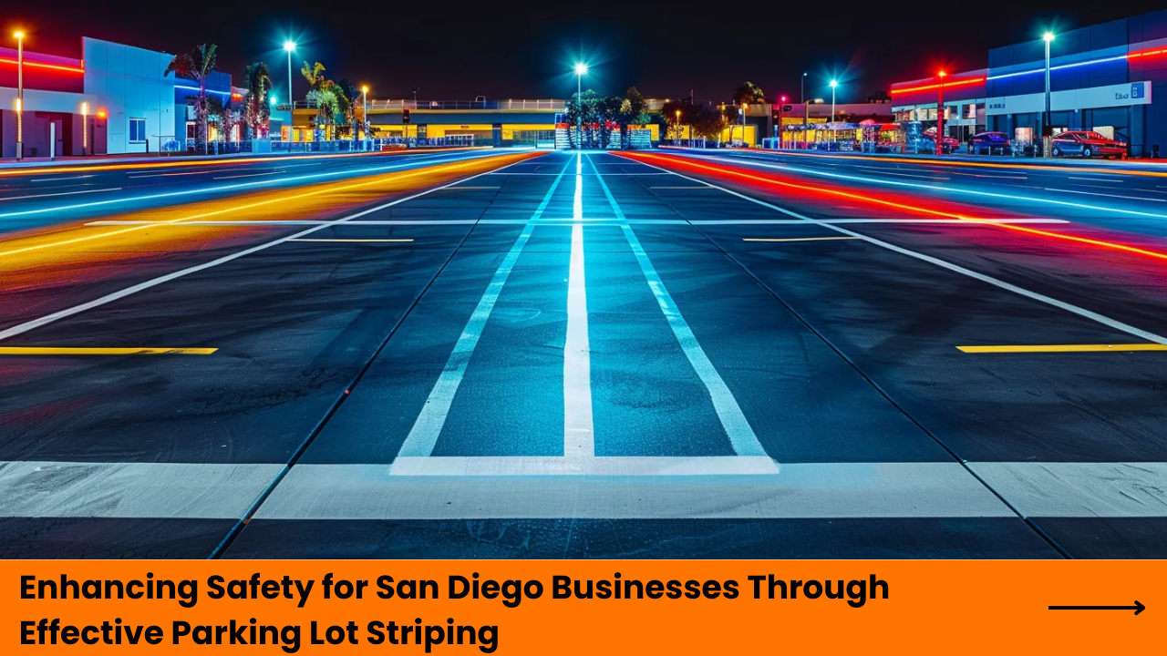 Parking lot striping at night enhancing safety for San Diego businesses with illuminated lines and vibrant colors.