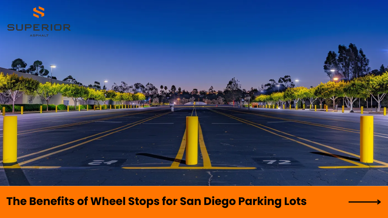 Parking lot at dusk featuring yellow wheel stops and illuminated trees, highlighting the benefits of wheel stops for San Diego parking lots.