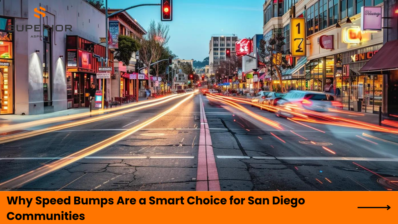City street scene in San Diego highlighting traffic and businesses, featuring speed bumps, with a focus on community safety and urban planning.