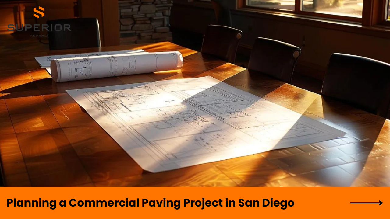 Blueprints for a commercial paving project on a wooden table, emphasizing planning for San Diego asphalt services.